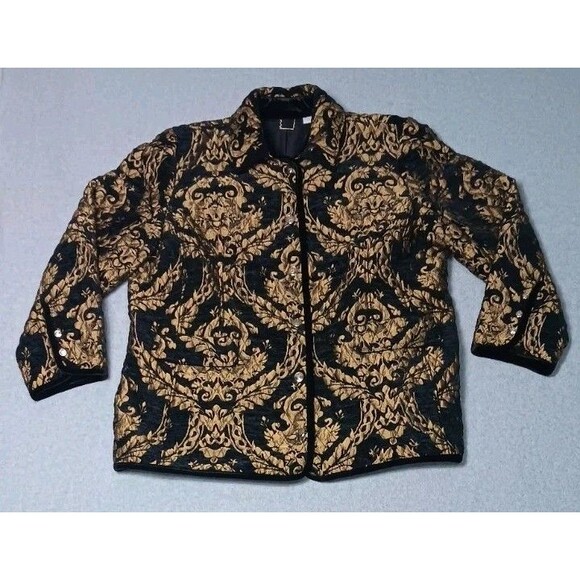 Chico's Jackets & Blazers - Chicos Baroque Quilted Blazer Jacket Size 4 Black & Gold Velvet Trim Old Money